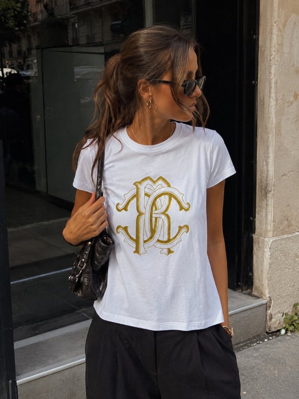 NWT ROBERTO CAVALLI White & Gold Logo T-shirt Luxury Casual Designer Large